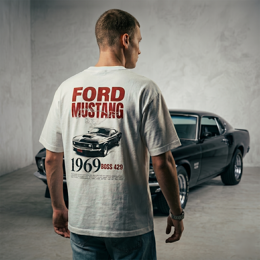 1969 Boss 429 Mustang Tee — Vintage Halftone Muscle Car Graphic