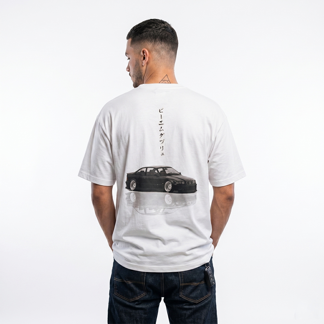 BMW E36 Slammed Tee — JDM Katakana Streetwear Backprint