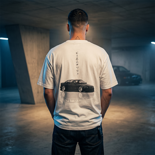 BMW E36 Slammed Tee — JDM Katakana Streetwear Backprint