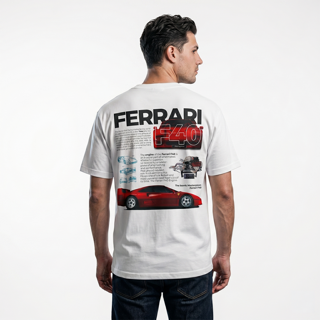 Ferrari F40 Heritage Tee — Retro Spec-Sheet Supercar Graphic