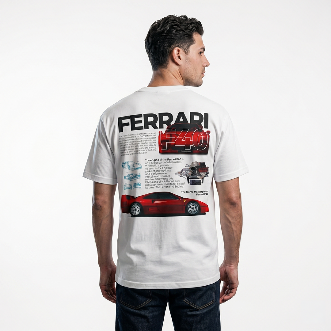 Ferrari F40 Heritage Tee — Retro Spec-Sheet Supercar Graphic