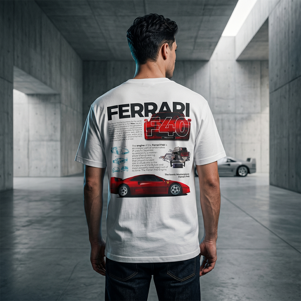 Ferrari F40 Heritage Tee — Retro Spec-Sheet Supercar Graphic