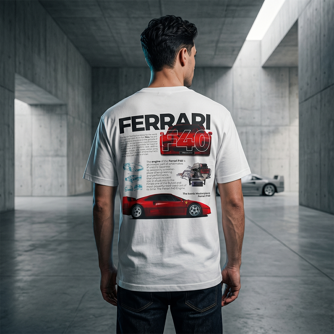 Ferrari F40 Heritage Tee — Retro Spec-Sheet Supercar Graphic